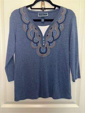 Karen Scott Blue Embroidered Henley Long Sleeve Top